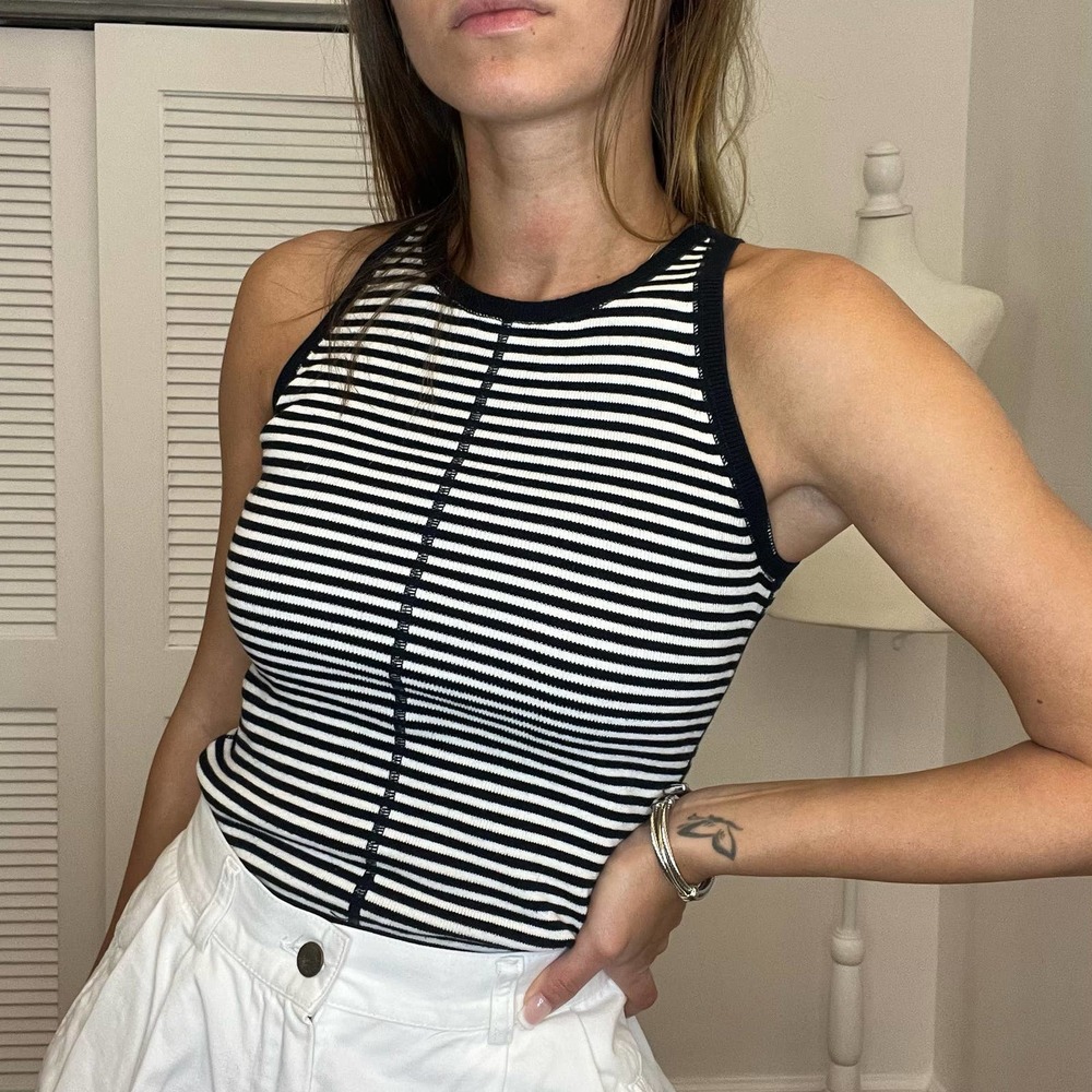 Allsaints basic coastal white dark blue stripe top thick stretchy cotton fabric
